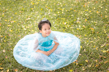 Portrait of cute smiling little girl in princess costume sitting on the grass in the park