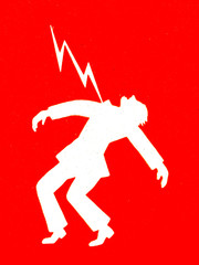 danger of life due to electric shock, white silhouette and red background, electric lightning and high voltage man, death and danger, warning