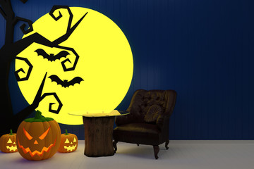halloween pumpkin jack ghost interior  moon tree 3d rendering wood floor background texture design