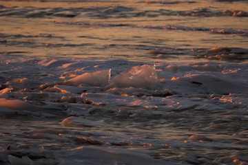 ice and snow at sunset