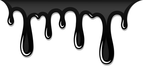 Drip paint 3D. Ink stain. Drop melt liquid isolated on white background. Splash of chocolate, oil, blood. Black graffiti. Splatter syrup, candy sauce, caramel. Vector illustration