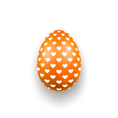 Easter egg 3D icon. Cute hearts, orange egg, isolated white background. Bright realistic design, decoration Happy Easter celebration. Holiday element. Shiny pattern. Spring symbol. Vector illustration