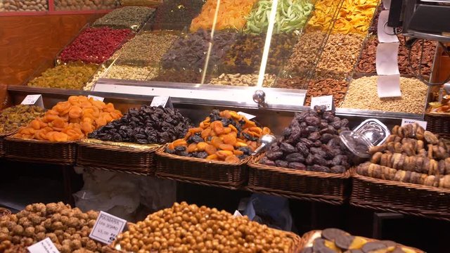 Barcelona, Spain. Mercat de la Boqueria Food Market and Dried Fruit and Candy Shop, Close Up