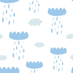 Cute seamless pattern with blue clouds, raindrops and hand drawn textures on a white background. Illustration in Scandinavian style for Wallpaper, fabric, textile, packaging paper design. Vector