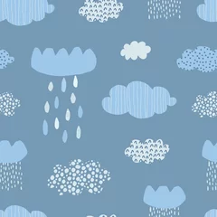 Rolgordijnen Cute seamless pattern with blue clouds, raindrops and hand drawn textures on a white background. Illustration in Scandinavian style for Wallpaper, fabric, textile, packaging paper design. Vector © Irina Gubanova