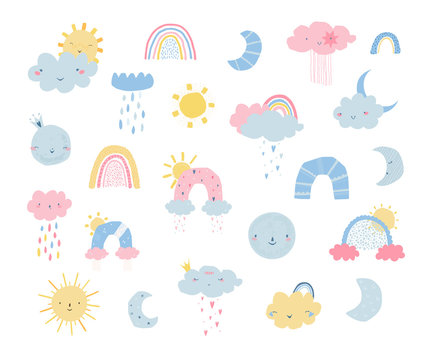 Set rainbows with sun, clouds, rain, moon in flat style isolated on white background for kids. Cute illustration in hand drawn style for posters, prints, cards, fabric, children's books. Vector