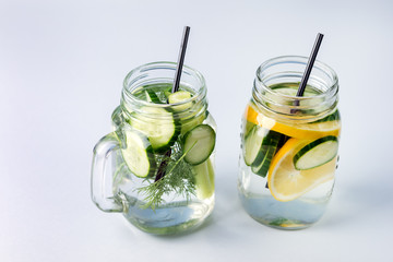 Glass Jars with Fresh Infused Water Made With Organic Fruits and Vegetables Healthy Detox Drink