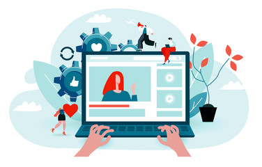 Follower watches vlog. Man will like a video blogger. Small characters help to a computer user. Blue and red colored vector illustration EPS 10 isolated on white background