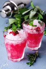 Two Glasses of Cocktail with Cranberry Vodka Mint Blue Background Cold Summer Beverage Shaker
