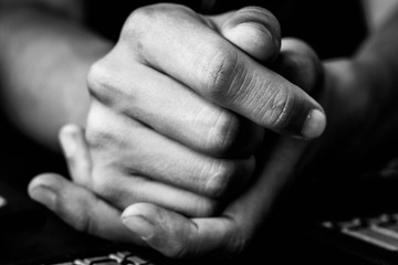 Close up of male hands. Black and white.