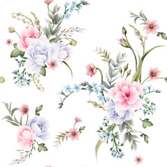 Seamless floral pattern with flowers on light background, watercolor. Template design for textiles, interior, clothes, wallpaper. Botanical art