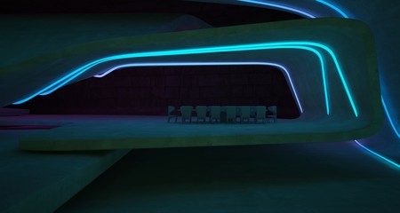 Abstract architectural concrete interior of a minimalist house with colored neon lighting. 3D illustration and rendering.