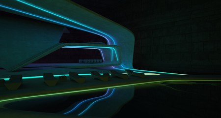 Abstract architectural concrete interior of a minimalist house with colored neon lighting. 3D illustration and rendering.