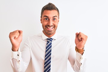 Young handsome elegant business man over isolated background celebrating surprised and amazed for success with arms raised and open eyes. Winner concept.