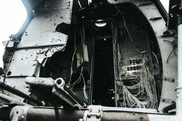 The cabin of the wrecked plane in Iceland. Damaged metal and torn off wires