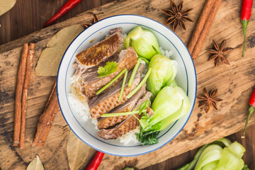 A bowl of stewed goose rice， Chaoshan specialty of Guangdong Province China