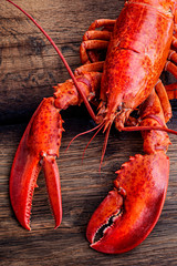 Steamed lobster seafood on wood background
