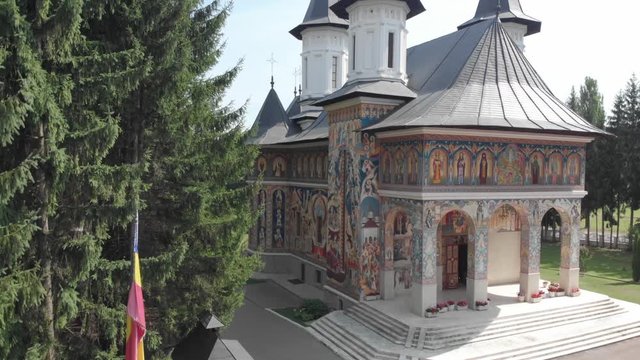 Monastery of St John Jacob Chozebite, Neamt, Romania. Christian Orthodox Church. Aerial Filming. Lifting
