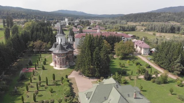 Monastery of St John Jacob Chozebite, Neamt, Romania. Christian Orthodox Church. Aerial Filming. Flying Over