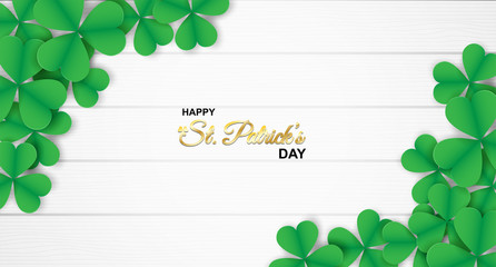 Happy St. Patrick's Day . Design with shamrock on white wood background. paper art style . Vector.