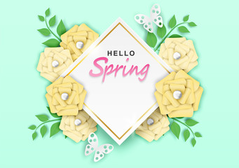 Hello spring sale background. flowers and tree leaves on soft background . paper art . light and shadow . Vector.