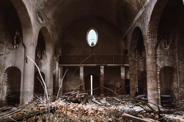 Ruins of the old church near Lviv, Ukraine. Concept of chaos, evil, and destruction