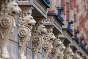 Details of the building facade in the historic centre of Pori, Finland