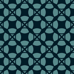 Vector geometric seamless pattern. Simple ornament with rounded shapes, crosses, diagonal grid, net, lattice. Dark abstract black and turquoise texture. Repeatable background. Design for decor, covers