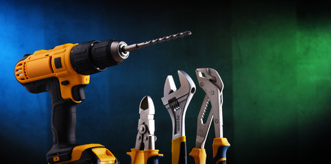  hardware tools including cordless drill and monkey spanner