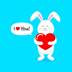Cute cartoon white rabbits holding love hearts. Happy Valentine's day.  Cartoon character design. Vector illustration isolated on blue background.