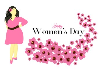 Greeting card International Women's Day. A girl in a dress. Hibiscus flowers. Spring motives. Happy Women's Day. Vector illustration. White girl. European. Brunette..