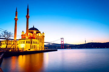 Ortakoy Mosque and Istanbul Bosphorus Bridge at Sunrise