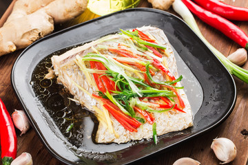 Grass Carp fillet，Steamed fish，Steamed Grass Carp Fish Skin with ginger and spring onion