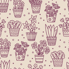 Seamless pattern with hand-drawn houseplants and flowers, brown outline on beige background