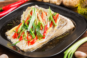 Grass Carp fillet，Steamed fish，Steamed Grass Carp Fish Skin with ginger and spring onion