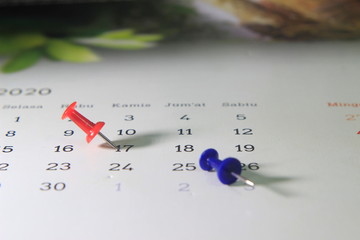 Simple Photo Illustration for Make a Schedule, Calendar Marking with Red and Blue Push Pin
