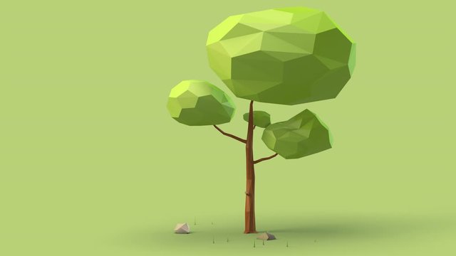 Minimalist low poly landscape with tree moving moving in animation loop.
Green background, 3D render animation.