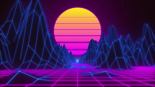 Vaporwave loop. 80s retro background animation. Dreamwave, retrowave horizon landscape with neon lights and low poly terrain.
Background render 3d.