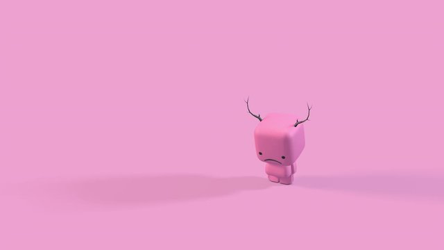 3D render, sad character animation, pink model with deer horns. Cute design, chibi