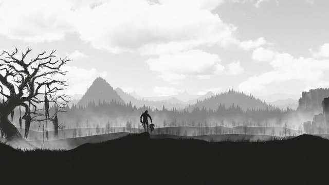flat animation of the witcher, dark forest next to a tree with hanged tree. Gerald of rivia holds a monster head.
Wallpaper, flat design, animated background.