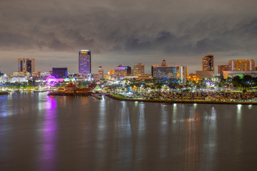 Fototapeta na wymiar Long Beach modern city skyline, marina and Shoreline Village at night in City of Long Beach, Los Angeles County, California CA, USA.