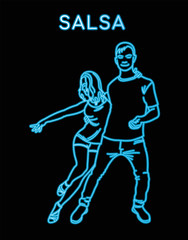Neon outline guy and girl dancing salsa