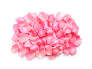 Obraz premium Pile of fresh pink rose petals on white background