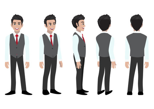 Businessman cartoon character with a smart shirt and waistcoat for animation. Front, side, back, 3-4 view character. Flat icon design vector