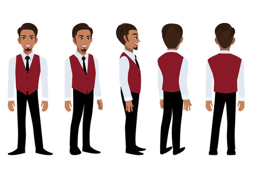 Businessman cartoon character with a smart shirt and waistcoat for animation. Front, side, back, 3-4 view character. Flat icon design vector