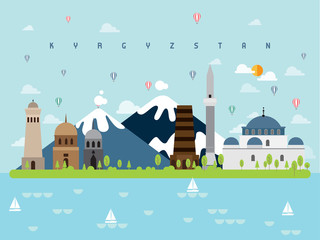 Kyrgyzstan Famous Landmarks Infographic Templates for Traveling Minimal Style and Icon, Symbol Set Vector Illustration Can be use for Poster Travel book, Postcard, Billboard  - 320324761