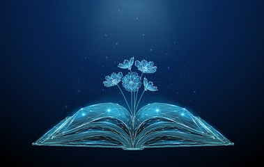 Abstract open book with growing blooming flowers.