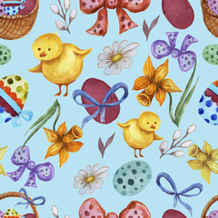 Postcard, Happy Easter. Hand drawn watercolor illustration. Holiday, vacations, rest. Print, textile, background. Seamless pattern.