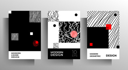 Geometric cover design template set. Black-red-white illustration with hand-drawn textures. Vector 10 EPS.