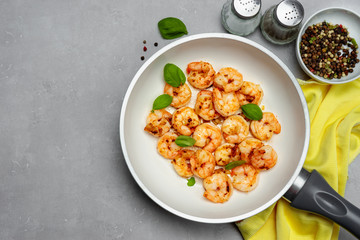 Top view of fried king prawns in a pan